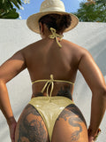 New Sexy Leopard Print Backless Swimsuit Halter Lace-up Swimwear Micro Bikini Set Chain Linked Beachwear Female Bathing Suits