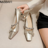 Women's High Heels Mary Janes Square Head Embellished with Water Diamonds Low Cut Knots Thick Heels Fashionable Party Shoes