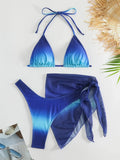 sexy tie dye print halter bikinis sets 3pcs with cover mesh skirt thong swimsuit bathing suit beach outfits biquini tankini