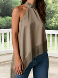 Women's Summer Solid Color Satin Halter Mock Neck Tops Sleeveless Tassel Hem Loose Fit Tank Tops