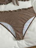 Vintage Coffee Plaid Print Bikini Set Women Bandeau Front Tie Push Up Bra High Waist Swimwear 2026 Beach Bathing Suit Swimsuit