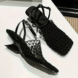 Women's Sandals Summer Luxury Designer  Lace Mesh Square Toe Shallow Narrow Strap Braided Slip-on High Heels Sandals