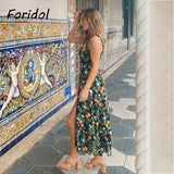 French Style Vintage Lemon Leaf Printed Green Dress Sexy Slip Midi Sleeveless Tank Dress Chiffon Women Holiday Elegant Dress
