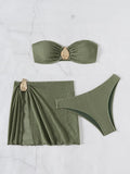 With Skirt Wrinkled Bandeau Bikini Female Swimsuit Women Swimwear Three-pieces Bikini Set Metal Ring Bathing Suit Swim Beachwear