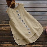 Women Vintage Cotton Linen Tanks Tops Round Neck Floral Print Shirt Summer Sleeveless Blouse Elegant Female Casual Loose Tops