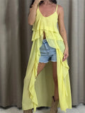 Summer Women Irregular Long Camisole Top Casual Ruffles Split V-Neck Spaghetti Straps Tank Tops Sleeveless Shirts