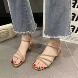 Fairy Style Rhinestone Thick Heel Sandals Women's Summer Versatile Square Head Skirt One Strap Two Wear Slip-On Shoes