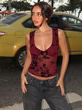 FDYOUI Sexy V-neck Floral Tank Tops for Women 2026 Summer Sleeveless T-shirt Ladies See-through Mesh Corset Top Black Wine Red