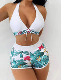 2026 Summer Women's Print Patchwork Swimsuit Sexy Deep V Neck Back Lace-up Swimwear High Waist Shorts Tankini Bathing Suit Beach
