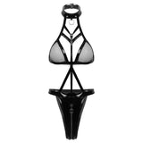 Plus Size 2XL Balck Bandage PU Leather Mesh Bodysuit Exotic Teddies Zipper Crotch Catsuit Women Sexy Lingerie Costumes