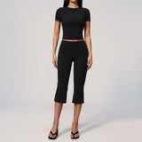 Yoga Set for Women High Waist Hip Lifting Tight Mid Pants Fitness Suit Short Sleeve O Neck Slimming Sports T Shirt Athletic Wear