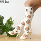 Big Size 43 Sexy Black Hollow Out Summer Boots Women White Thin High Heels Knee High Boots Stiletto Zip-up Peep Toe Party Shoes