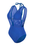 S - XL Deep V Neck Knit Fishnet Mesh One Piece Swimsuit Women Swimwear Female Backless Monokini High Leg Cut Bathing Suit Swim
