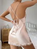 Summer Sleepwear Contrast Lace Silk Satin Nightdress for Women Deep V Backless Lace Up Split Slip Sleep Dress Nightgown
