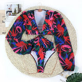 One Piece Swimsuit Sexy Long Sleeve Tropical Print Swimwear Women Bandage Monokini Hollow Out Bathing Suit String Beachwear 2023