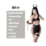 Women Sexy Lingerie Set PU Leather Dress Imitation Split Backless Gold Chain Bandage Bra Side-leaking Skirt Cosplay Costume