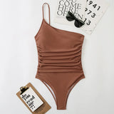 2026 Sexy One Shoulder One Piece Swimsuit 2022 Women Solid Black Neon Green Push Up Padded Bathing Suit Pleate Swimwear Monokini