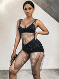 2026 New Fishnet Long Dress V-neck Mesh Sparkling Rhinestone Crystal Swimsuit Bikini Cover Up Beach Bathing Suit Women Cover Ups