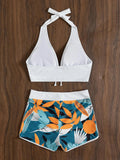 2026 Summer Women's Print Patchwork Swimsuit Sexy Deep V Neck Back Lace-up Swimwear High Waist Shorts Tankini Bathing Suit Beach
