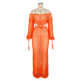 DEKA Women Knitted Backless Cover Up Swimsuit Long-sleeved Crochet Hollow Out Dress Summer Beach Vacation Outfit Beach Dress