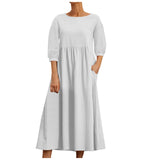 Womens Casual Summer Cotton Dress With Pockets 3/4 Sleeve Loose Midi Shirt Dress Women Dresses With Short Sleeves Vestidos