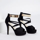 Women's Sexy Peep Toe Platform 12cm High Heel Sandals with Gold Metal Classic Ankle Strap Crisscross Stiletto Heel Party Shoes