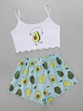 Summer Avocado Print Pajamas Set for Women Casual Camisole with Shorts Sexy Lingerie Nightie Homewear Sleepwear Underwear