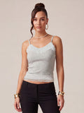 Women's Summer Solid Color Slim Fit Camisoles Spaghetti Strap Stylish Lace Trim Crop Tops