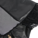 Black Sexy Lingeries Faux Leather Hollow Out Ruffled Lace Zipper Deep V-Neck Jumpsuits Adjustable Straps Elegant Women Bodysuits