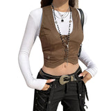 Women Vest Sleeveless V Neck Button Down Tank Tops Gilet with Pockets for Casual Street Gothic
