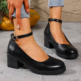Black Thick Heeled Mary Jane Shoes Women Plus Size 42 Ankle Buckle Platform Pumps Woman Office Pu Leather High Heels Shoes Mujer
