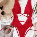 Sexy Red Swimsuit Micro String Bikini Hollow Out Backless Monokini Women One-Piece Vacation Swimwears Bikinis Beach Bathing Suit