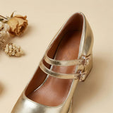 Big Size 32-46 Y2K Metallic Mary Jane High Heels Women Shoes Round Toe Double Straps Rhinestone Buckle Platform Block Heel Pumps