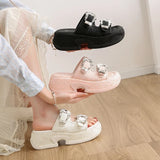Luxury Rhinestone Thick Bottom Sandals Women 2026 New Silk Satin Embroidery High Heel Sandals Woman Summer Thick Heeled Slippers