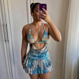 Spring and summer new women's suit fake two-piece halter top ruffled skirt two-piece suit