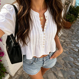Summer Women's Ruched White Shirts Solid Color Bubble Short Sleeve Button Down Tops Casual Fashion Blouse