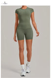 Tight Invisible Wrinkle Yoga Sets Women Short Sleeve O Neck Hollow Back Sports Tank Top Butt-Lifting Shorts Gym Fitness Suits