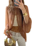 Women's Spring Summer Solid Color Sheer Blouse Glitter Long Sleeve Mock Neck Open Front Tops Streetwear