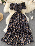 2025 Summer French Vintage Floral Dress Fashion Elegant High-Waisted Drawstring Vestidos Printed Fresh And Sweet Long Dresses