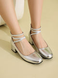 Metallic Silver Gold Women Mary Jane Pumps Square Toe Block Heel Crisscross Ankle Strap Back Zipper Elegant Party Dress Heels