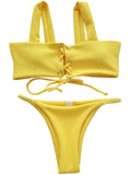 2025 Micro Bikinis Ribbed Bikini Set Women Sexy Swimsuit Mujer Bandeau Bikinis Lace Up Stylish Bathing Suit Wide Straps Swimwear