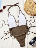 Sexy Coffee One Piece Swimsuit Women 2025 Deep V Neck Metal Chain Drawstring Side Swimwear Beach Bathing Suit Backless Monokini