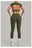 Women's Seamless Yoga Sets Sports Running High Waist Hip-lifting Pants Backless Short-sleeve Suits Workout Fitness Leggings Sets
