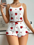 Camisole Strawberry Printing Casual Vest Tops and Shorts 2 Pieces Pajamas Set Women's Summer Sleepwear Loungewear