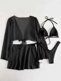 4 Pieces Thong Bikini 2026 Women With Top and Dress Black Swimwear Female Halter Swimsuit Beachwear Bathing Swimming Suit Summer