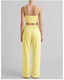 Women's Yoga Sets Yellow Patchwork Slimming Sports Tank Top Summer Gym Training Suit High Waist Wide Leg Pants Fitness Outfits