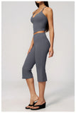 Summer New Yoga Clothing Women Solid V Neck Slim Sports Tank Top Athletic Wear High Waist Butt Lift Mid Pants Gym Fitness Suits