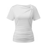 Women Short Sleeve Trendy Slim Fit Ruched T-shirts Summer  Solid Color Slash Neck Tops