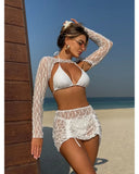Toucheart Sexy Lingerie Suit for Women Mesh Four-piece Beach Swimsuit Sexy Bikini Solid Color Long Sleeves Mesh See-through Set