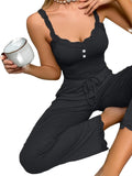 Women’s Summer Lace Trim Pajama Set, Ribbed Cami Top and Long Pants, Soft Casual Loungewear Sleepwear for Ladies